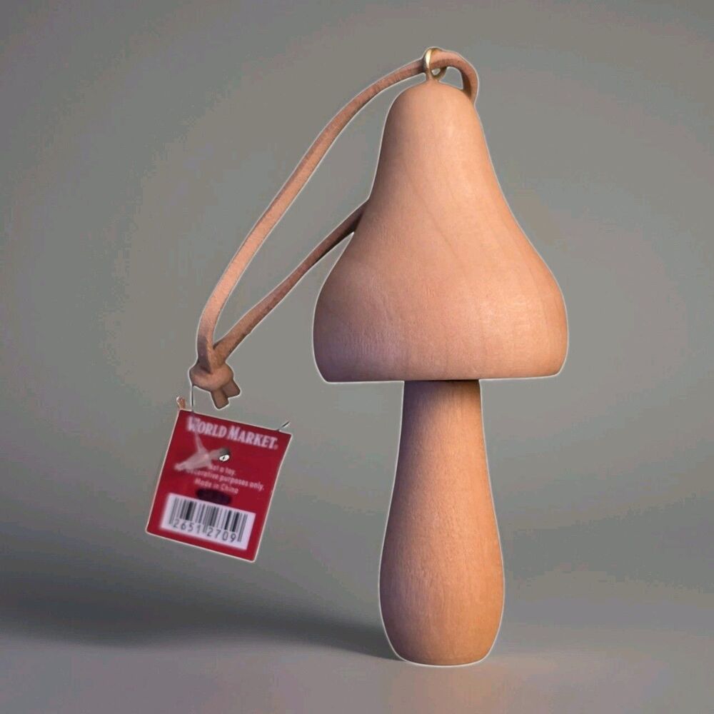 World Market Mushroom Christmas Ornament Wood Decor Realistic Handmade 4" NWT